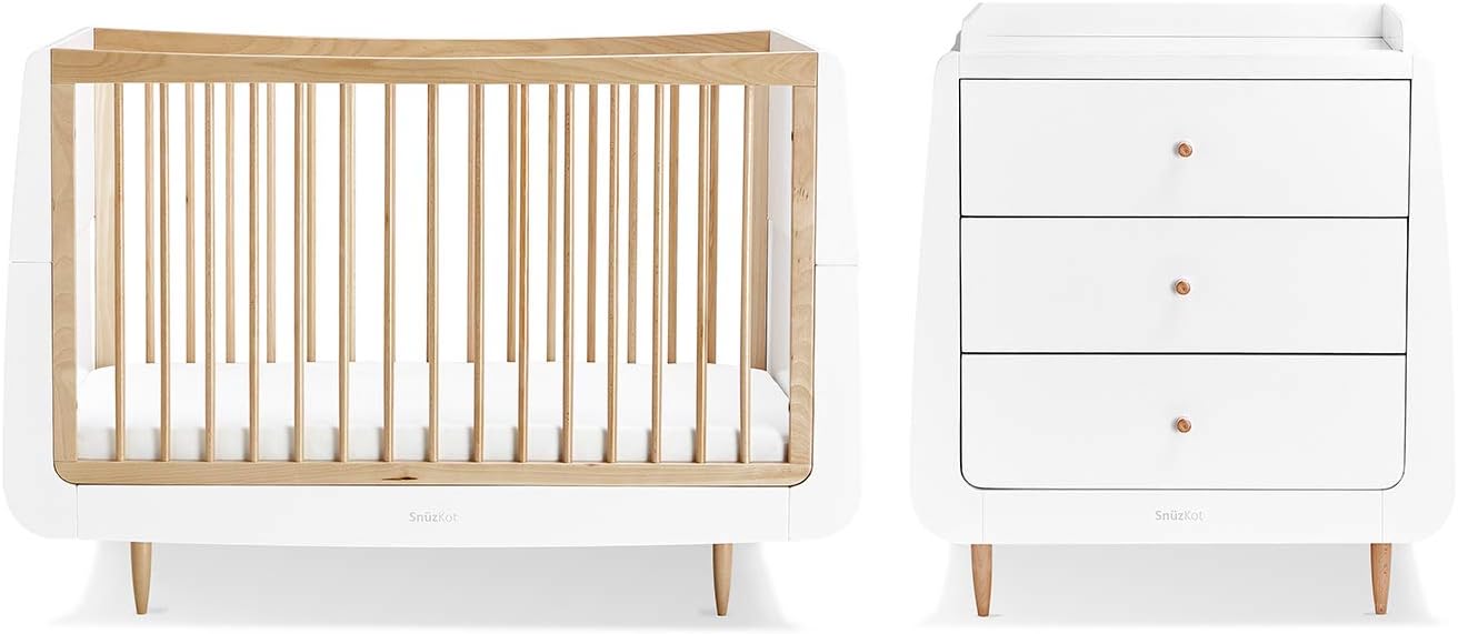 Snüz Nursery Set SnuzKot + Changer Skandi Infant/ Baby/Toddler |Includes Cot Bed -Changing Unit |0M- 4 years |Cot- H89cm x W72 x L133cm/Changing Unit- H96 x W85 x D55cm.-White & Natural Skandi