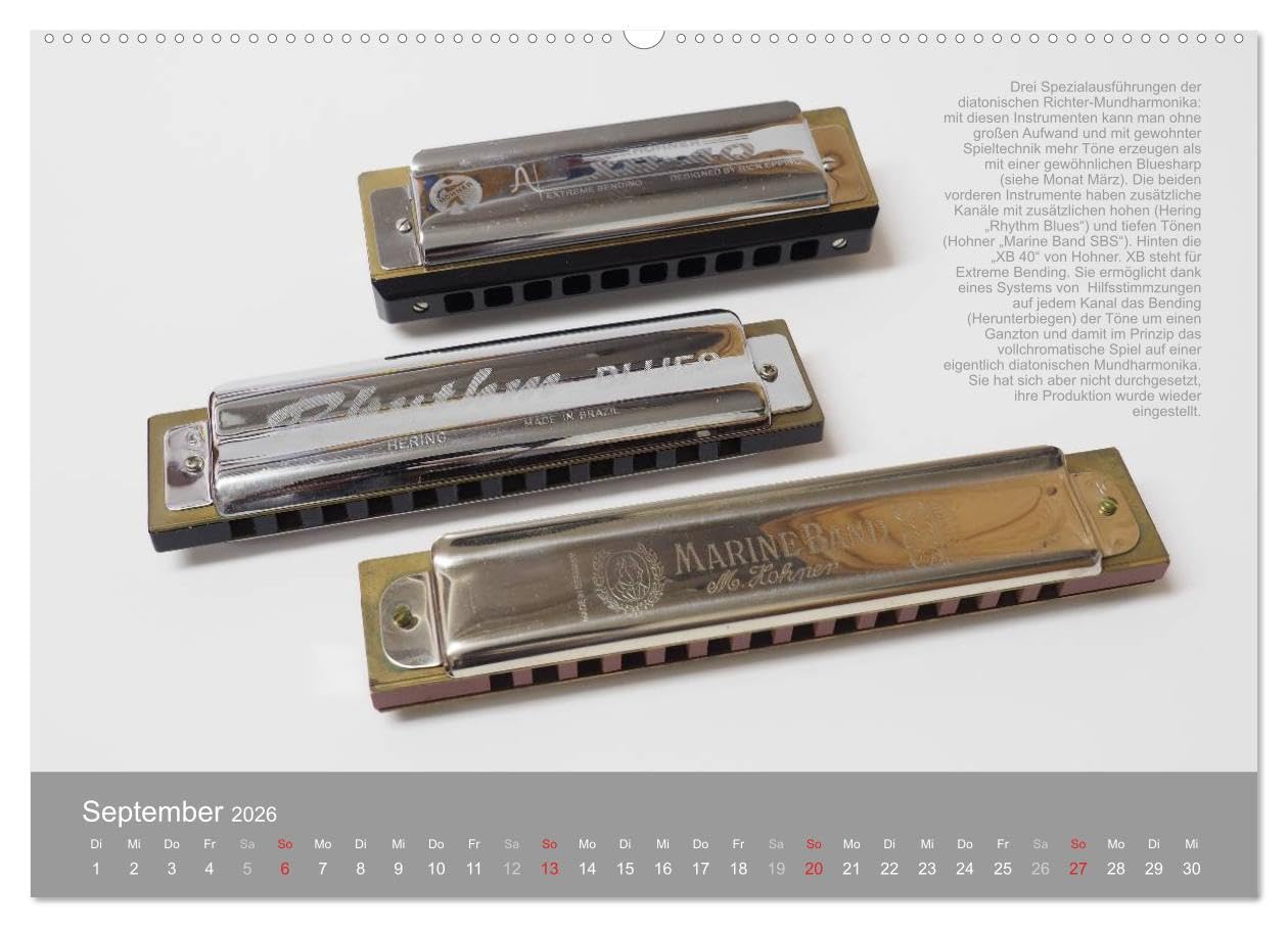 Mundharmonikas im Blickpunkt (Wandkalender 2026 DIN A2 quer), CALVENDO Monatskalender: Verschiedene Mundharmonikaarten in Bild und Text (CALVENDO Hobbys)