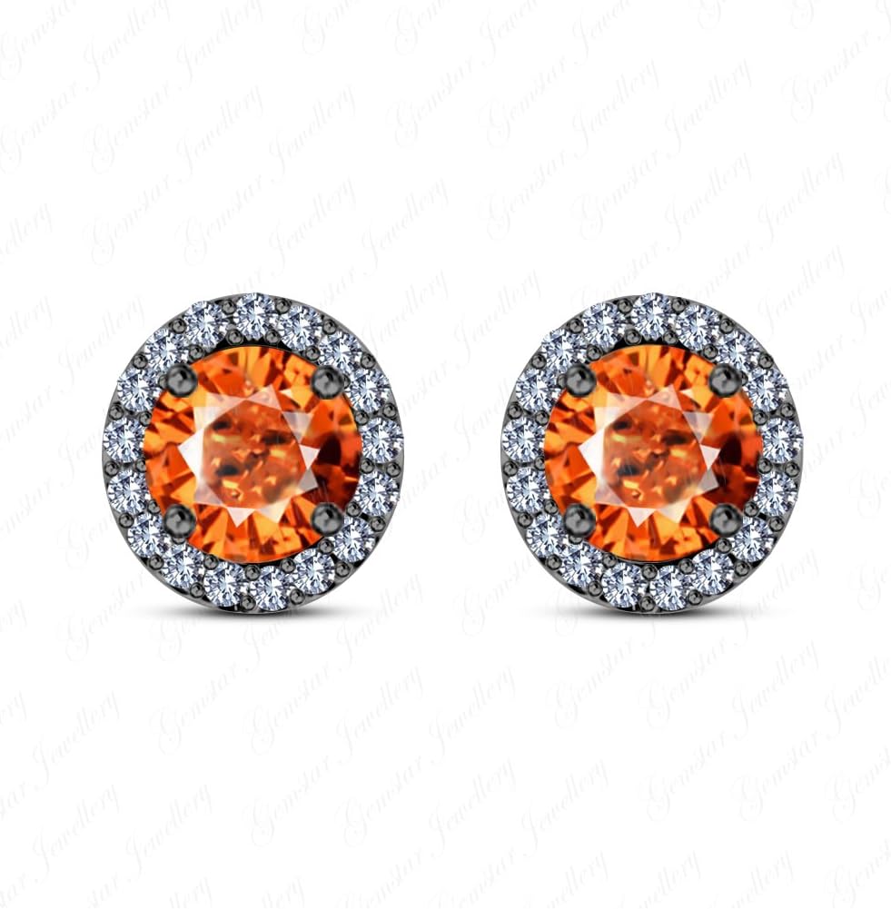Brilliant Cut Orange Sapphire 18K Black Gold Finish Screw Back Halo Stud Earrings