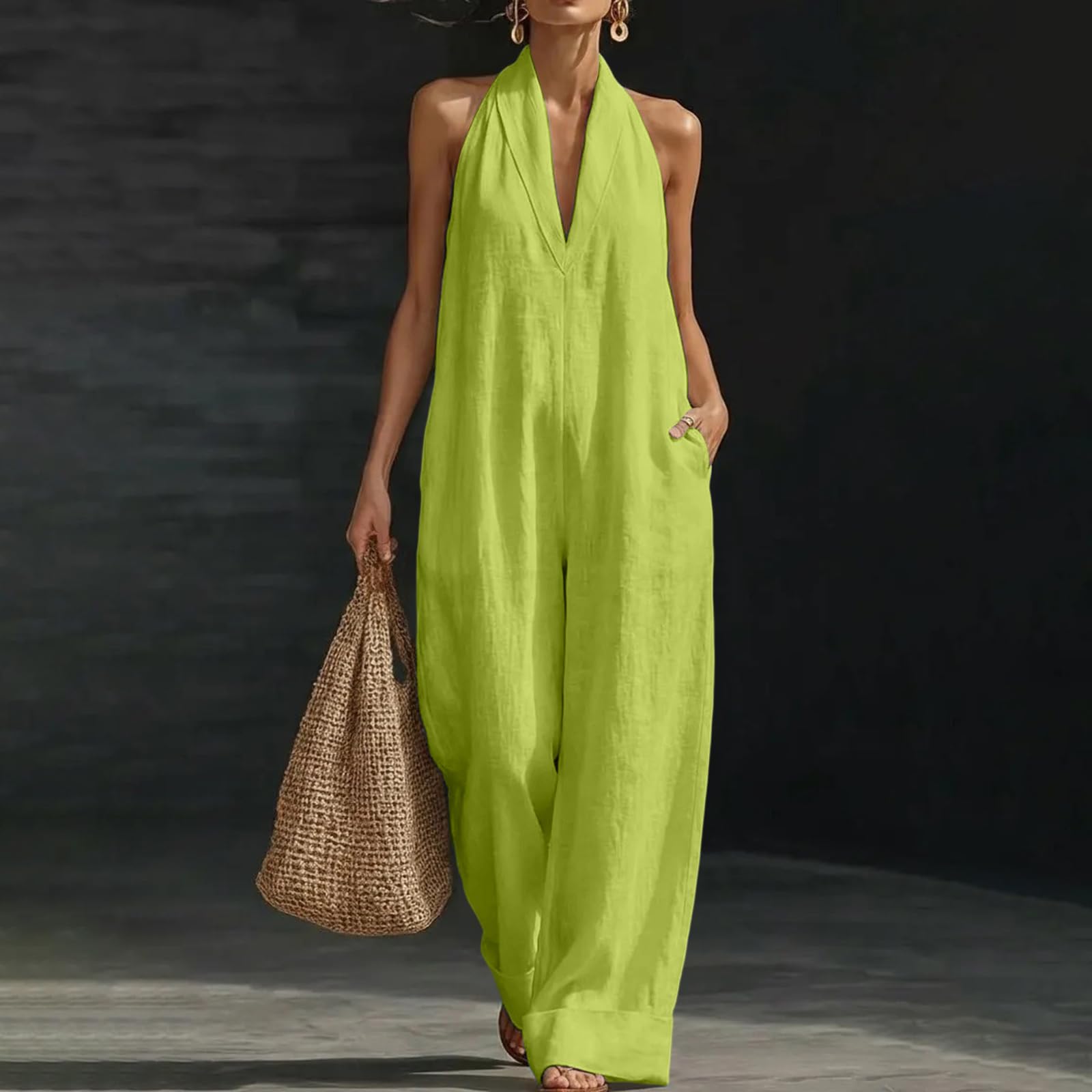 Ansenesna Jumpsuit Damen Sommer Elegant Lang Overall Baumwolle Leinen Weites Bein Jumpsuits Für Damen V Ausschnitt Ärmellos Einteiler Frauen Locker Weit Sommeroverall Leicht Romper Baggy Playsuit