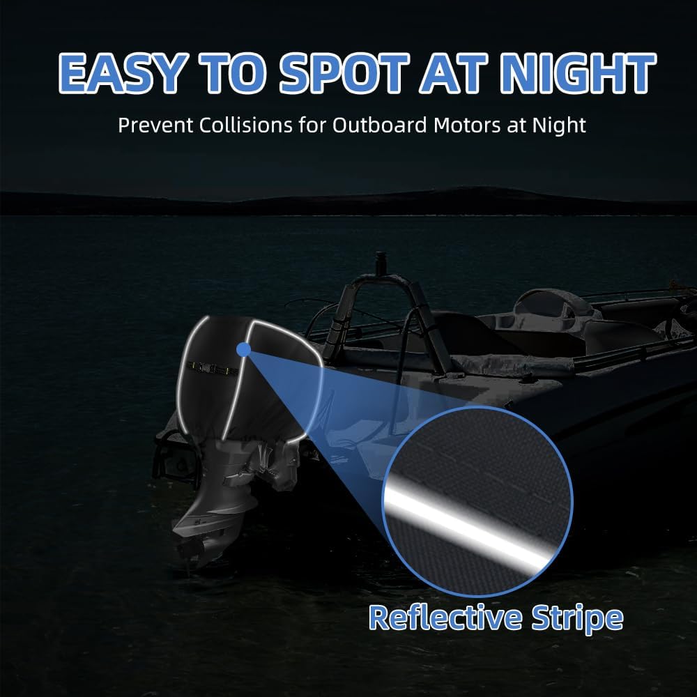 600D Outboard Motor Cover, Waterproof Fade and Crack Resistant Trailerable Boat Motor Covers, Windproof Boat Engined Covers with Adjustable Strap, Black(Fits 115-225HP)