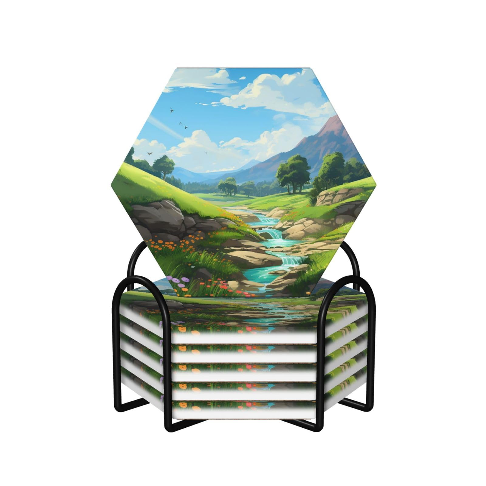 Dessous de verre en céramique 10,4 cm lot de 6 avec support métal et liège