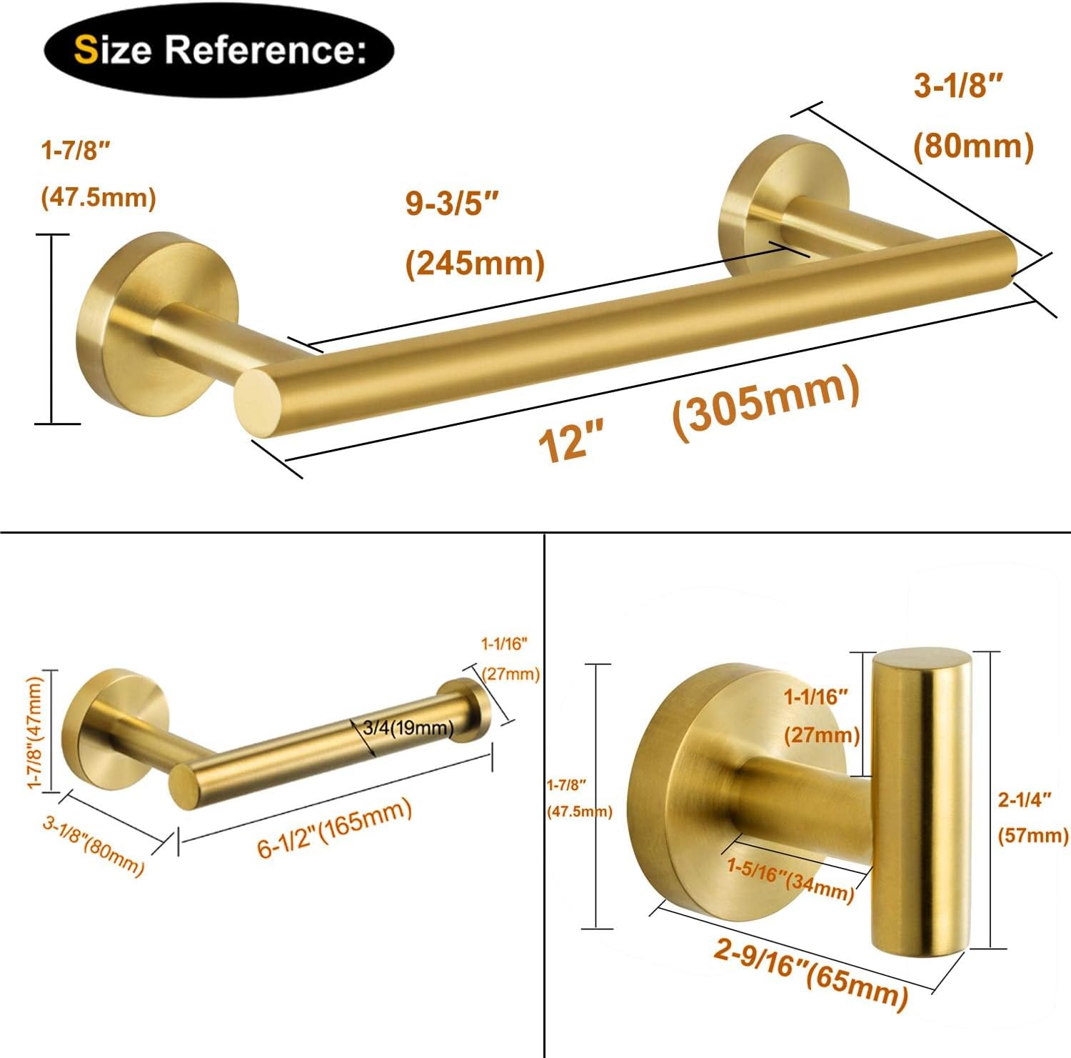 3-Pieces Bathroom Hardware Accessories Set,Stainless Steel Bath Towel Bar Set,Toilet Paper Holder,Robe Towel Hooks for Bathroom Wall Mounted,Brushed Gold