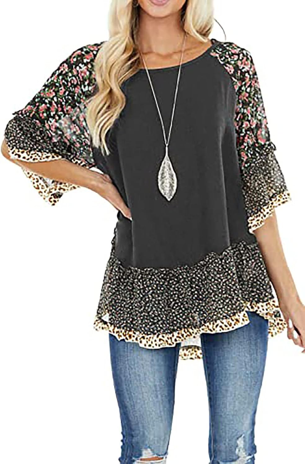 CASURESS Women's Floral Printed Ruffle 3 4 Sleeve Shirt Batwing Loose Tops Blouses Pullover - Image 6