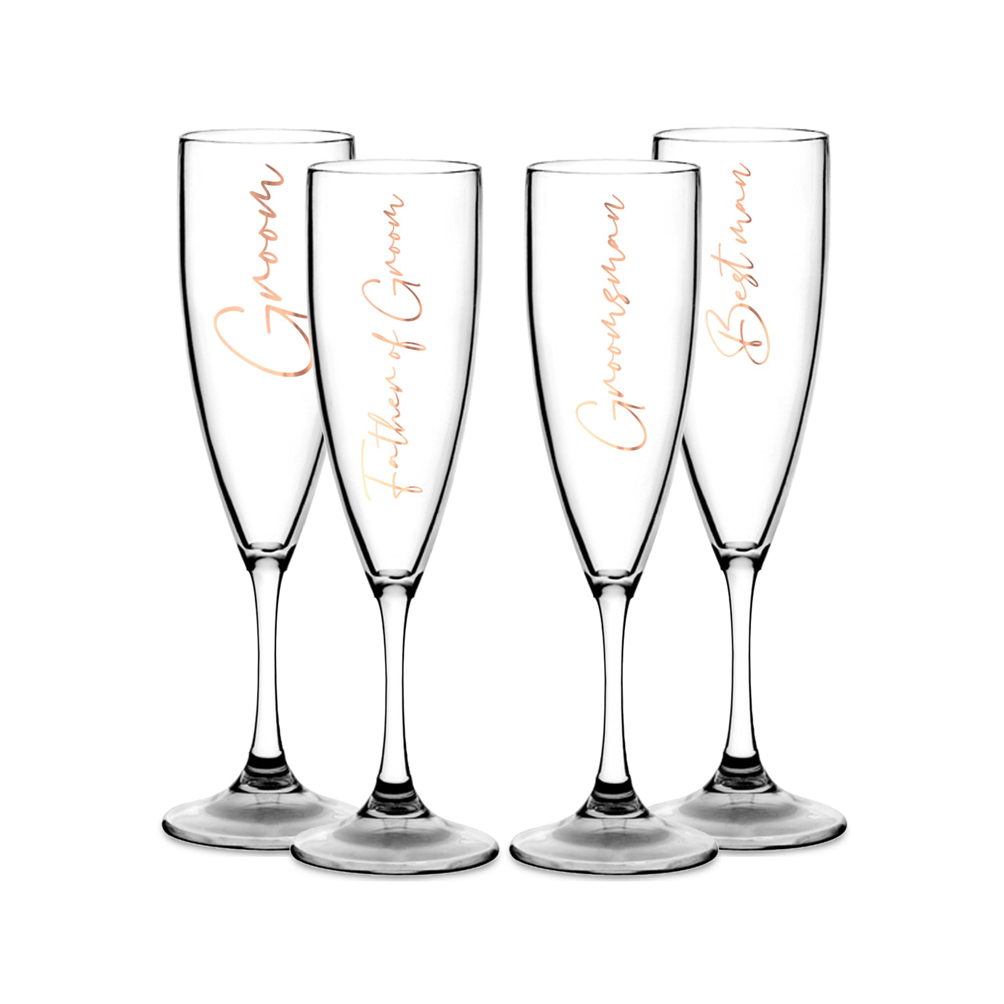 Print Maniacs Champagne Premium Clear Flute Glass Bride Groom Mr Mrs Wedding Maid Honour Wine Cocktail Prosecco Celebrations Gift (Copper, Set of 4 Groom Side Set)