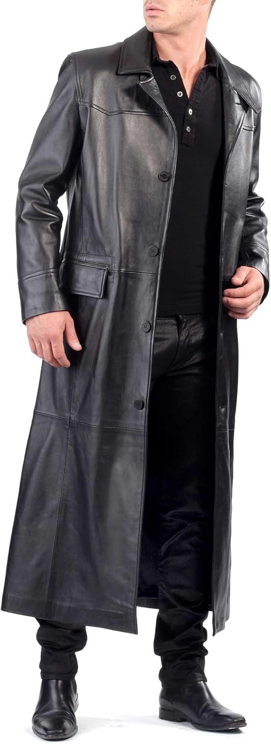 Leather Long Coat Black Mens Real Lambskin Full Length Duster Overcoat Trench Coat Leather Winter Outwear