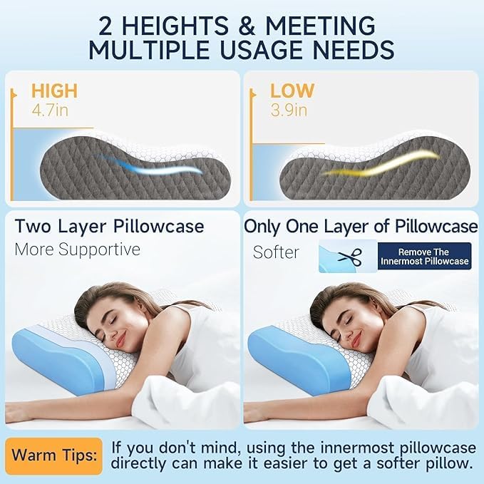 Image of KITCHIVO Memory Foam Pillow, Contour Cervical Orthopedic Memory Foam Pillows Supports Neck Pain and Shoulder Pain for Sleepin Cervical Pillow Neck Support Pillow for Side Back (White & Grey 01)