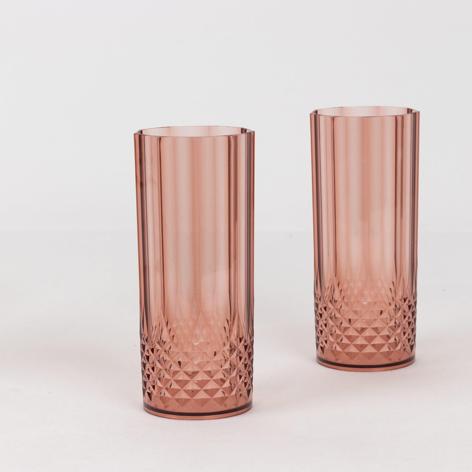 TABLECLOTHSFACTORY 6 Pack Dusty Rose Crystal Cut Reusable Plastic Highball Drink Glasses Shatterproof Tall Cocktail Tumbler Cups -