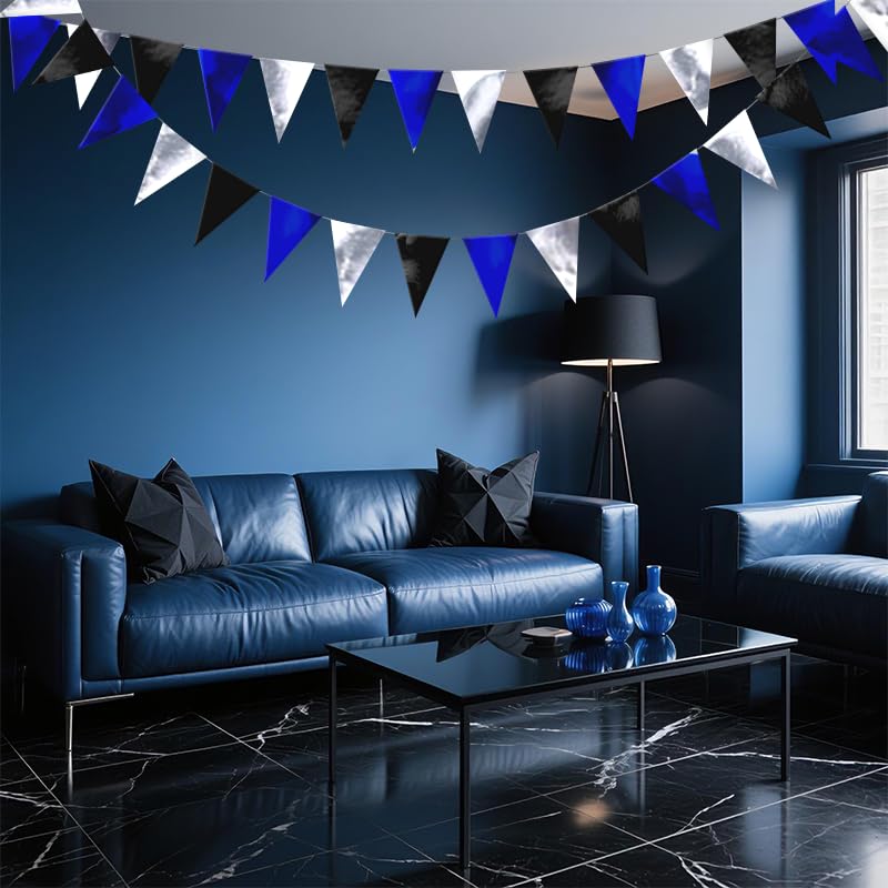 Image of Blue Black Silver Hanging Triangle Flag Pennant Garland Blue Black Silver Hanging Paper Pennant Streamer Paper Triangle Flag Banner for Graduation Birthday Party Decorations 30 Feet