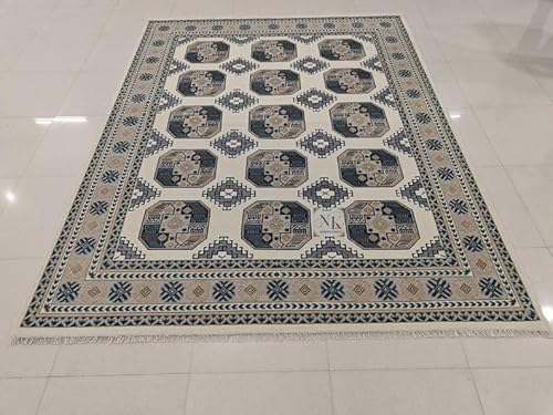 Hand-Knotted Oushak Rug – White & Blue New Zealand Wool