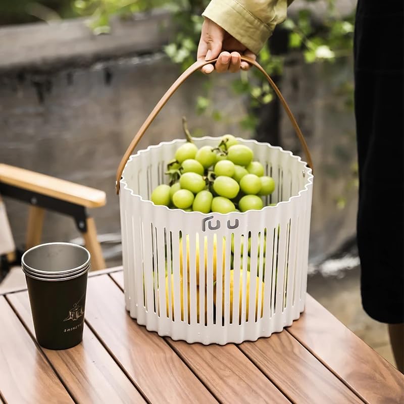 Portable Round Fluted Storage Basket with Leather Handle, Foldable Multipurpose Laundry Hamper, Medium Organizer Bin for Bathroom, Kitchen, Closet, Office, Toys, Fruits, Vegetables, Clothes-image-11