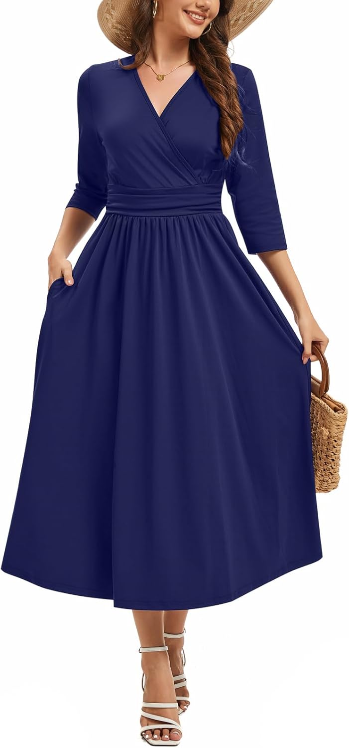 DinyIn Elegant Dress for Women Summer V-Neck Wrap 3/4 Sleeve A-Line Work Cocktail Party Sunshine Midi Dresses with Pockets