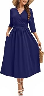 Elegant Dress for Women Summer V-Neck Wrap 3/4 Sleeve A-Line Work Cocktail Party Sunshine Midi Dresses with Pockets