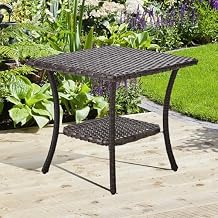 Patio Wicker Side Table-Outdoor PE Rattan End Table with 2-Tier Storage Shelf Square Coffee Table for Deck Porch Garden Backyard-Brown