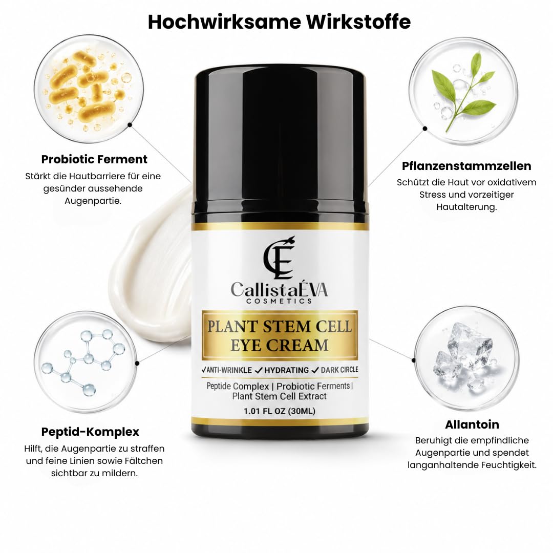 Stammzellen Augencreme - Made in Germany – Anti-Aging Augenpflege gegen Augenringe, Schwellungen & Falten – Mit Peptiden, Probiotic Ferments, Allantoin, Hyaluron, Alle Haupttypen– 15ml