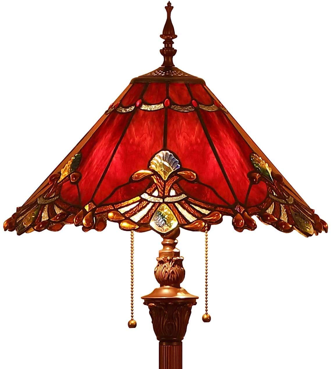 Bieye L30242 Lámpara de pie de vidrio coloreado estilo Tiffany barroco de 17 pulgadas, 65 pulgadas de altura, rojo