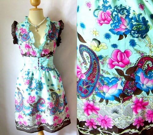J2035 Vintage Babydoll Retro Tunic Ruffle Hippie Gypsy Disco 60s 70s Emo Fashion Gothic Goth Lolita Bow Casual Fashionable Woman Clothing Party Prom Cocktail Blue Dress Size M L