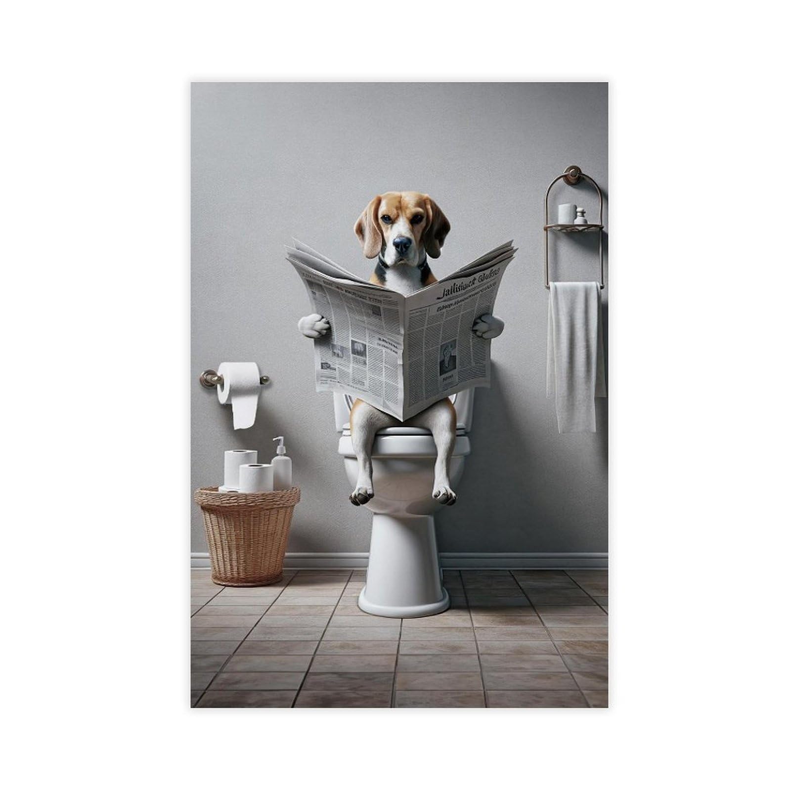 Bncedjk Photograph Of A Beagle Reading The Newspaper On The Toilet Canvas Poster Bedroom Decor Landscape Decor Gift 12X18inch(30X45cm)