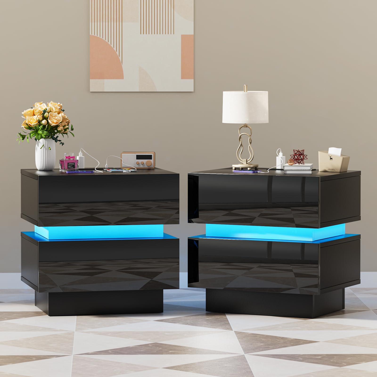 Ztexkee 2Pack Bedside Table with Power Socket 45x35x46 cm Nightstand with RGB light End Table 2 drawers Cabinet for Bedroom Living Room Black