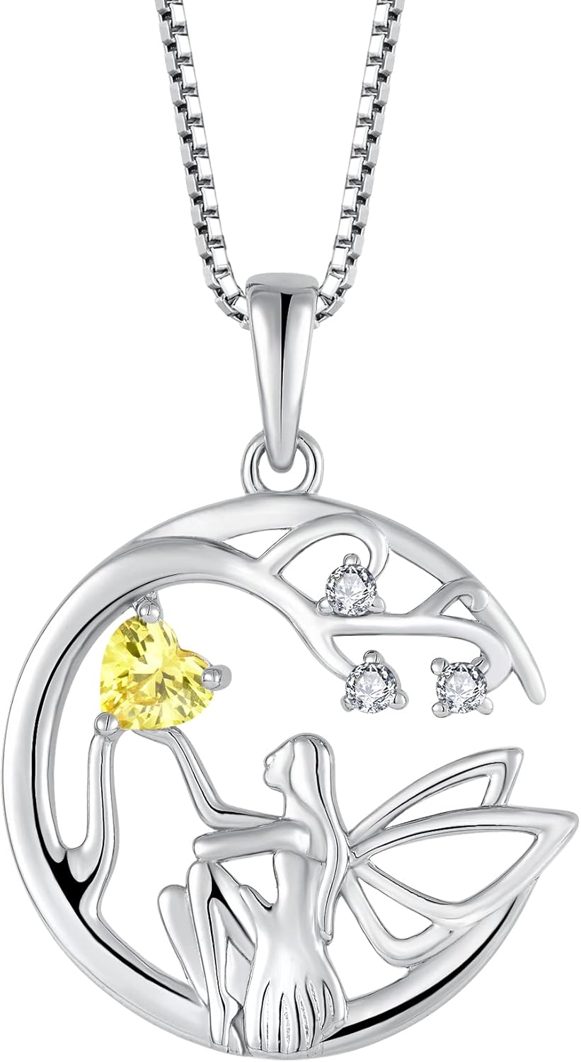 Guardian Angel Necklace for Women 925 Sterling Silver Tree of Life Necklace Birthstone Created Gemstone Pendant Jewelry Gifts for Women