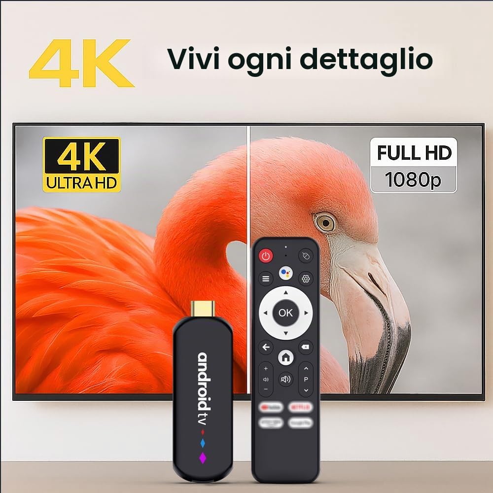 Android 14.0 TV Stick Android TV OS 4K Ultra HD,TV Stick Amlogic S905L3 Quad-Core 16GB WiFi6 2.4G/5.8Ghz BT5.0 4K AV1 Ultra HDR10+ BT5.0 Controllo vocale Smart Home Player