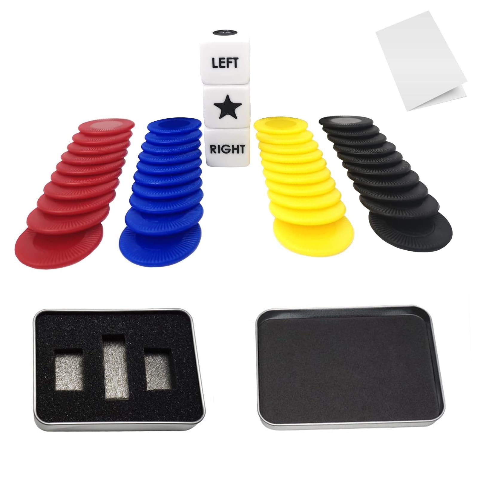 Eowppue 45-Piece Left Right Center Dice Game Set: Includes 3 Dice, 40 Colorful Chips, Metal Box & Instructions - Ideal for Family Board Game Nights - LRC Dice Game