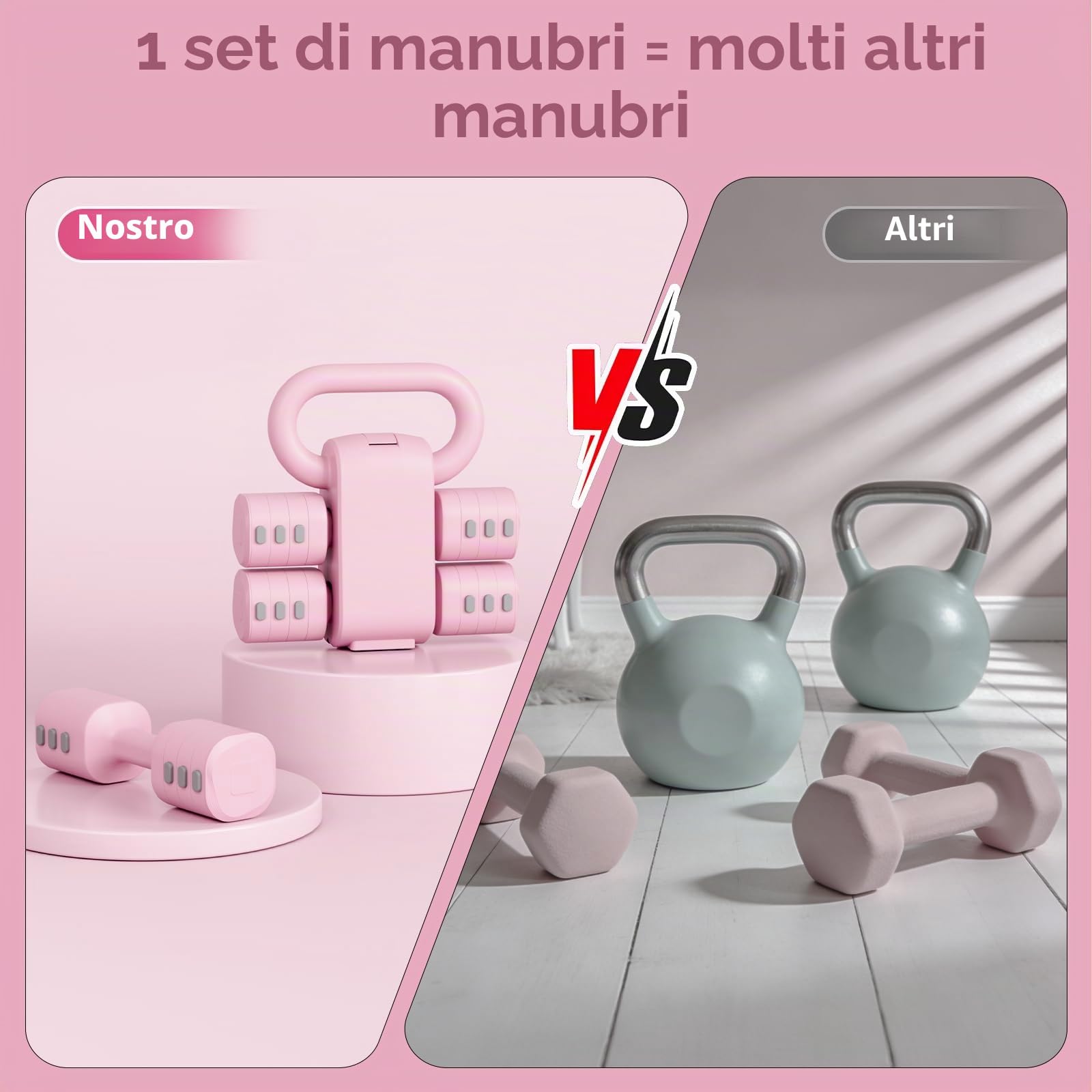 Set di 2 manubri regolabili 2 in 1, per donne e uomini, 4 livelli di peso con adattatore kettlebell, set di manubri per casa (Rosa)