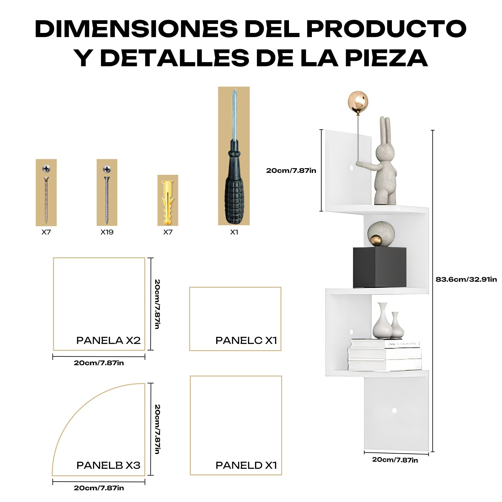Estantería de Esquina para Pared 20x20cm - Organizador Esquinero para Dormitorio, Baño, Salón con 6kg de Carga, Montaje Rápido, Decoración Moderna de Rinconera (Blanco, 3 Niveles)