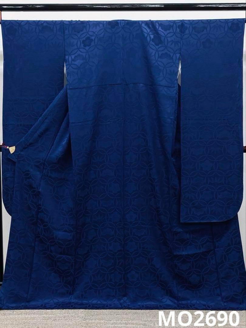 無地振袖 七宝つなぎ 紋意匠 シンプル 青系 身丈167cm 撥水加工済 シンプル