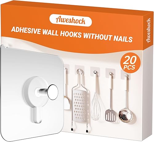 Paquete de 20 ganchos adhesivos de pared, carga máxima de 13 libras, ganchos sin nials, impermeables, a prueba de aceite, sin daños, para toallas de