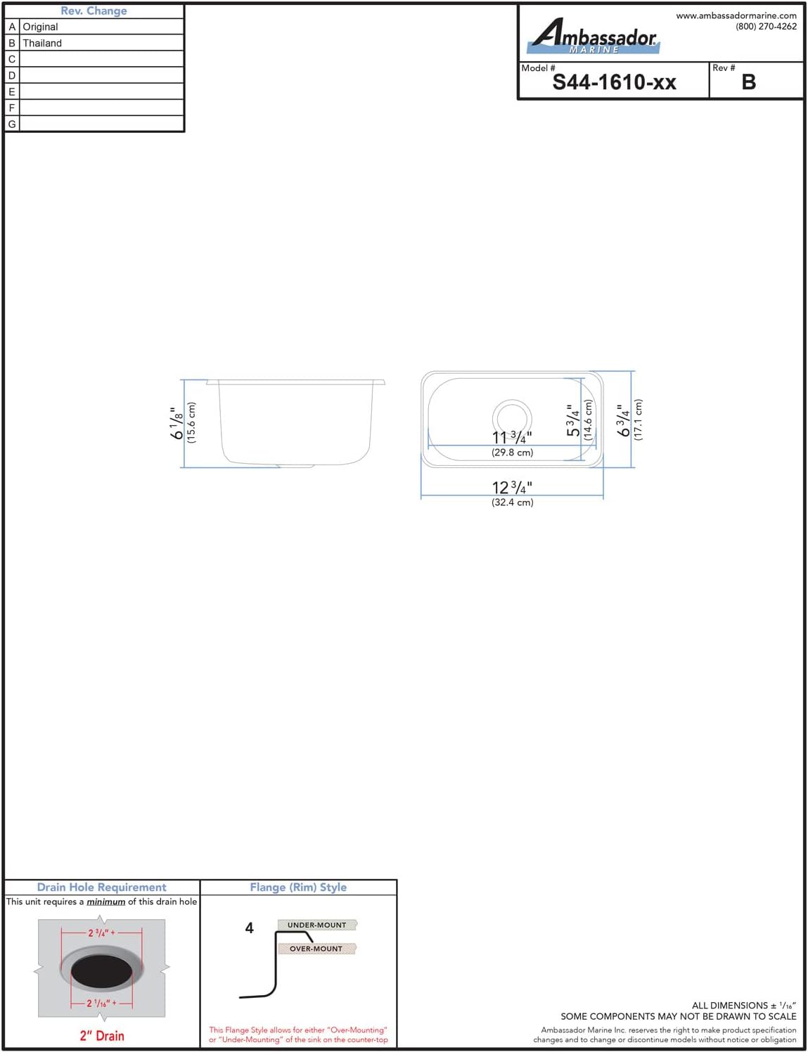 AMBASSADOR MARINE GRADE Rectangle 304 Stainless Steel Sink – Brushed, 12-3/4" x 6-3/4" x 6" Deep (S44-1610-BR-W)