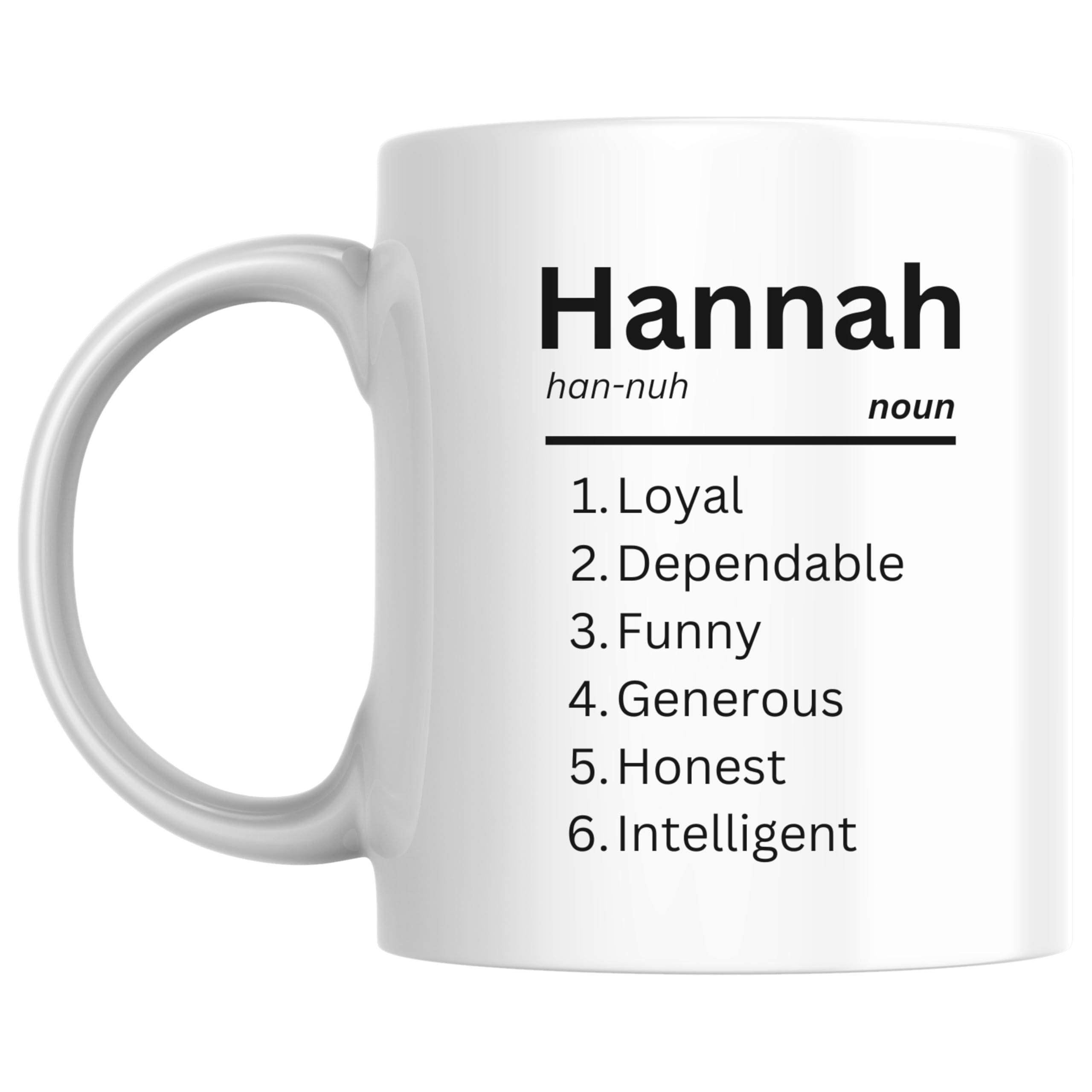 Designs of note! Hannah Definition Mug | Funny Personalised Name Meaning Coffee Cup for Her | Novelty Gift for Women or Girls Called Hannah (Black)