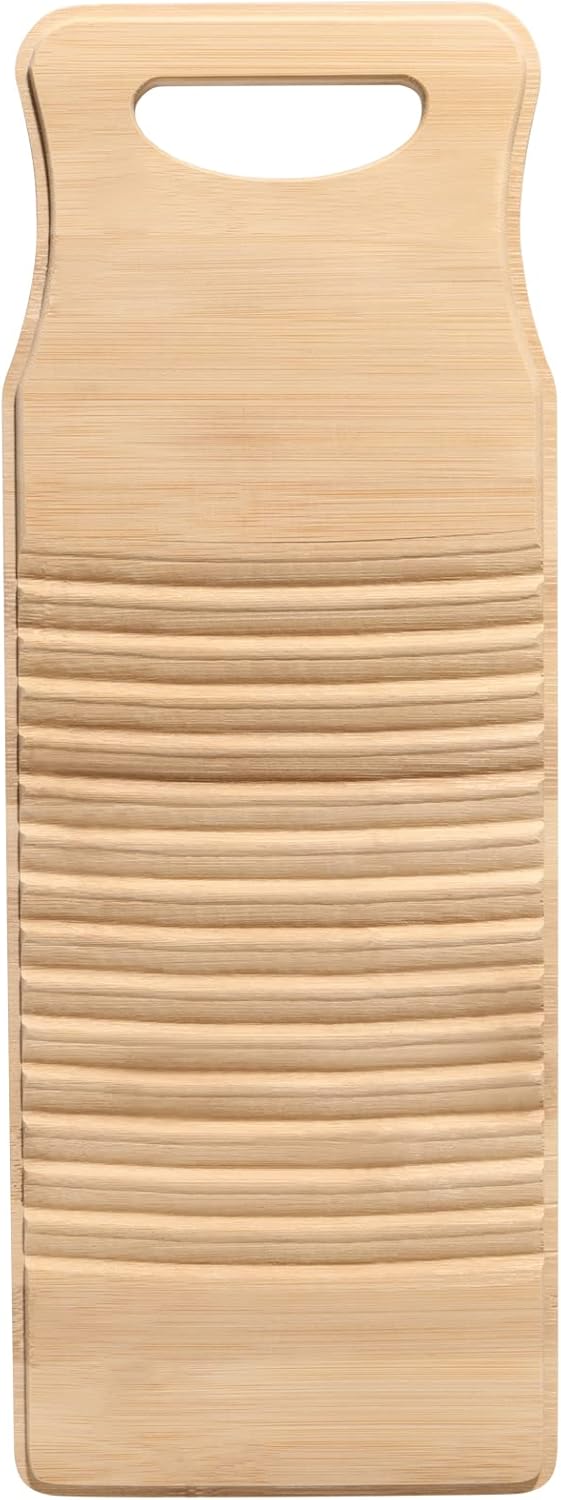 PINGEUI 2 Pack Bamboo Washboard, 15.7x5.9x0.7 Inch Anti-slip Wood Washing Clothes Washboard with 2 Pair Rubber Gloves and 2 Soap Net, Hanging Washboard for Small Washing Jobs