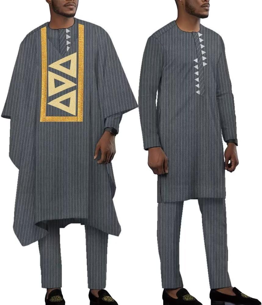 African Suit for Men Stripe Blazer Robe and Pants 3 Piece Set Gold Stamping Formal Dress Suit for Festival
