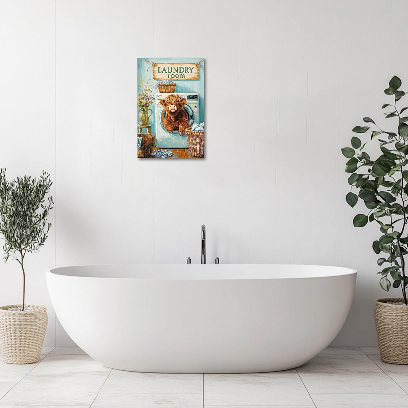 AWPANERAR Laundry Room Wall Art Rustic Highland Cow Laundry Pictures Print Cute Baby Cow Painting Funny Laundry Room Sign Poster Bathroom Decor Framed (24L x 16W)