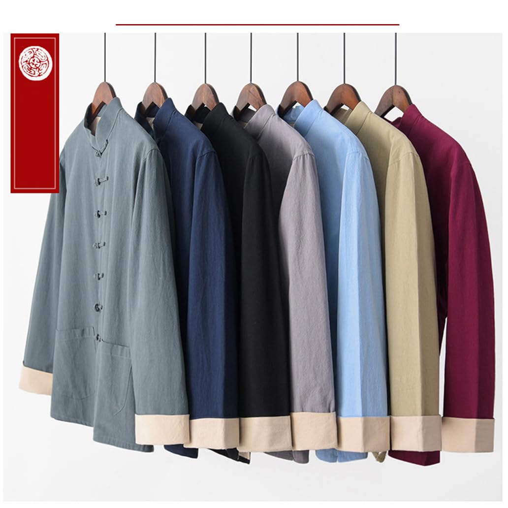 Herren Baumwolle Leinen Kampfsport Kung Fu Jacke Tang Anzug Hanfu, Kung Fu Kleidung Langarm Zen Meditation Uniform Tai Chi Kleidung