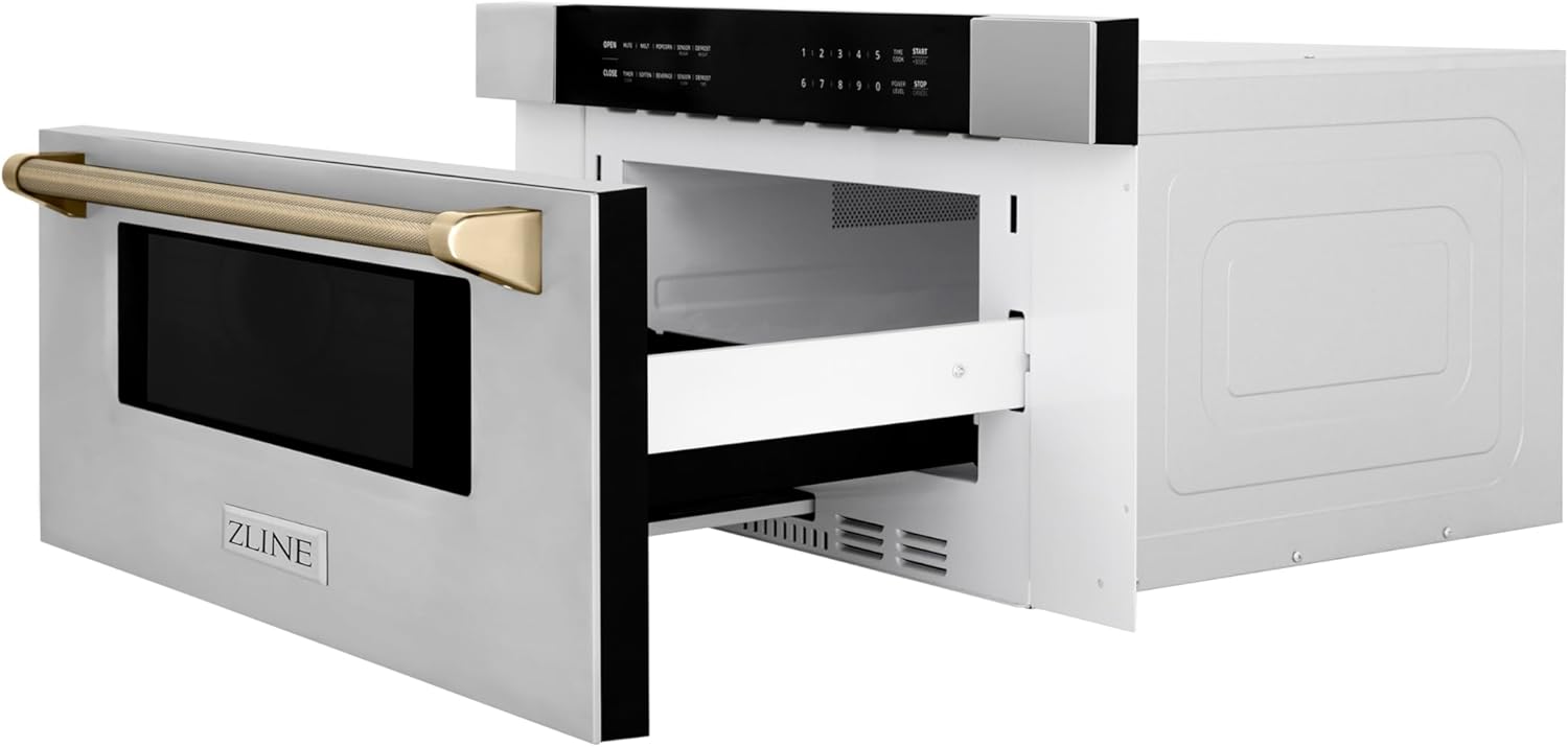 ZLINE Autograph Edition 30 in. 1.2 cu. ft. Built-in Microwave Drawer in Stainless Steel and Polished Gold Helix Handle (MWDZ-30-KG)