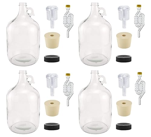 North Mountain Supply Jarra de fermentación de vidrio de 1 galón con asa, tapón de goma 6.5, cierre de aire de 6 burbujas, 2 piezas Airlock y tapa