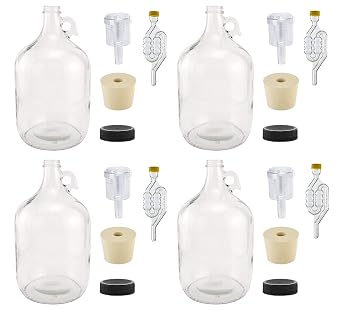 North Mountain Supply 1 Gallon Glass Fermenting Jug with Handle, 6.5 Rubber Stopper, 6-Bubble Airlock, 2-Piece Airlock & Black Plastic Lid - Set of 4