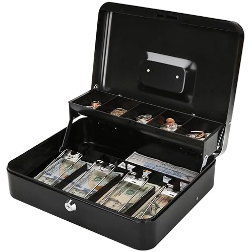 Jssmst Large Cash Box with Money Tray and Lock - Safe Box for Cash Saving Key Lock Money Organizer Box, 11.8L x 9.5W x 3.5H Inches, Black, SM-CB0501L, XLarge