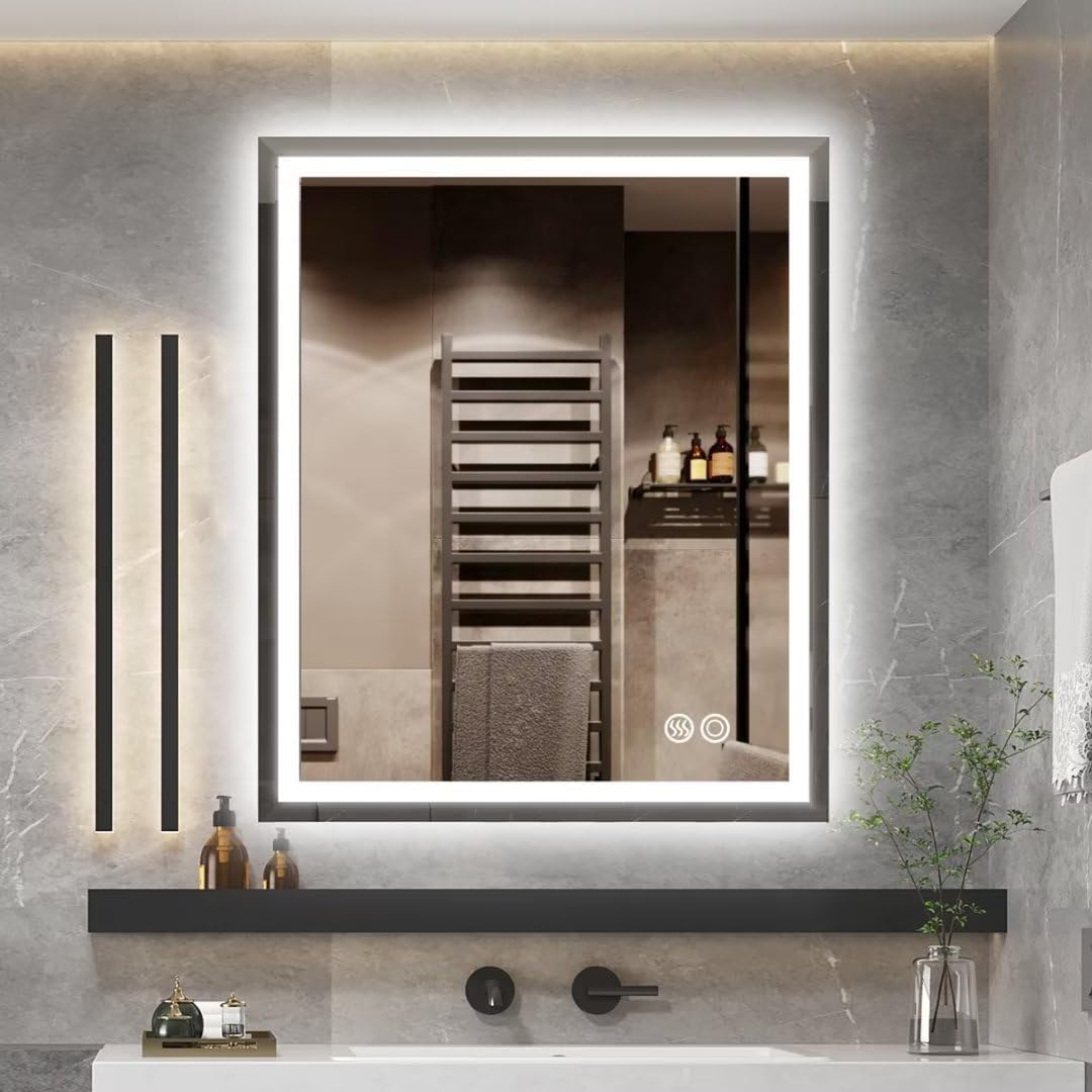 Moonee 23x18 Inch Large Led Mirror for Bathroom,Front Light and Backlit Vanity Mirror with 3 Colors Dimmable Anti Fog Bathroom Mirror with Led Lights for Bathroom Decor