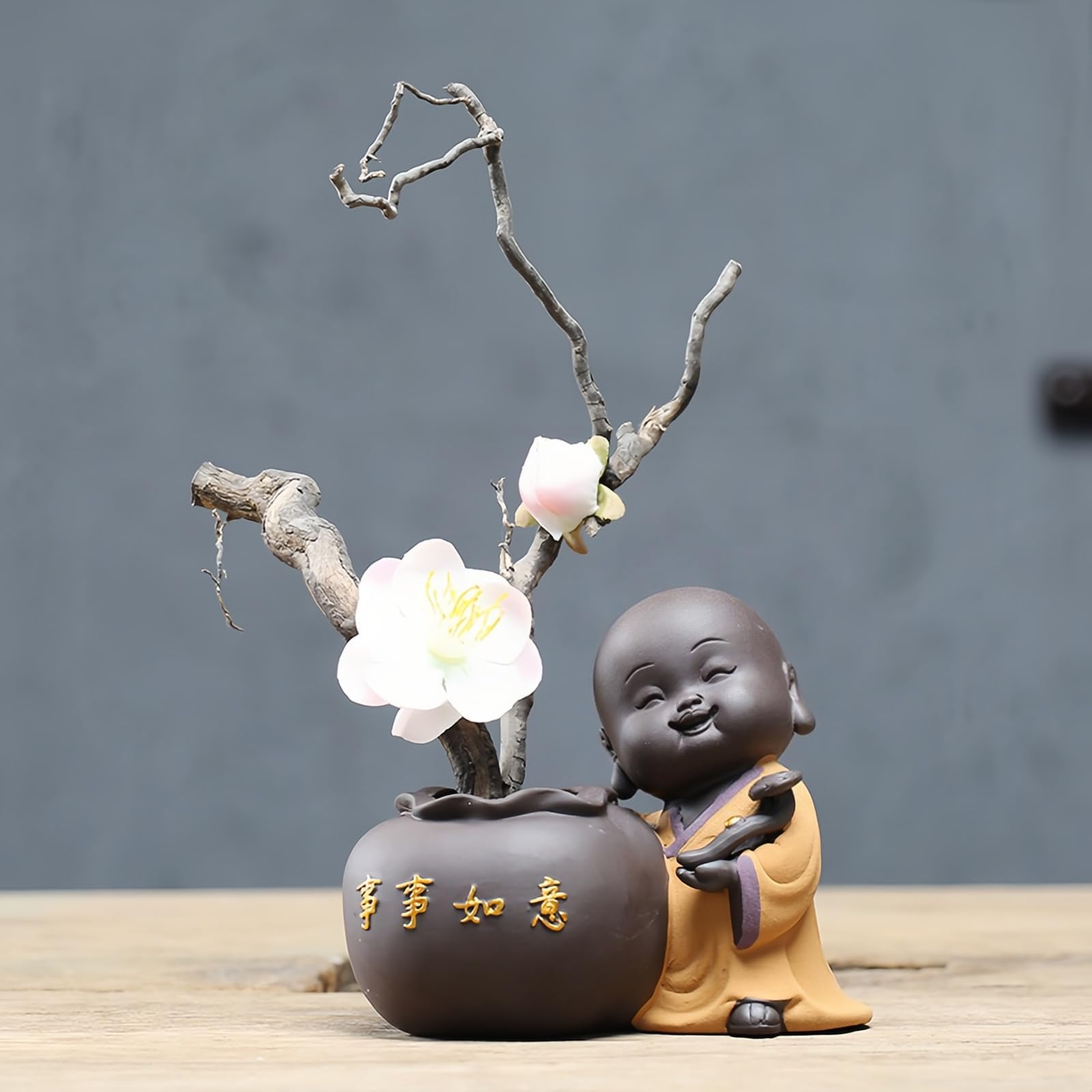 Ceramic Laughing Buddha Statue - Purple Clay Maitreya Happy Baby Monk Figurine - Office Desktop Mini Tea Ornament Home Decor (Style L)