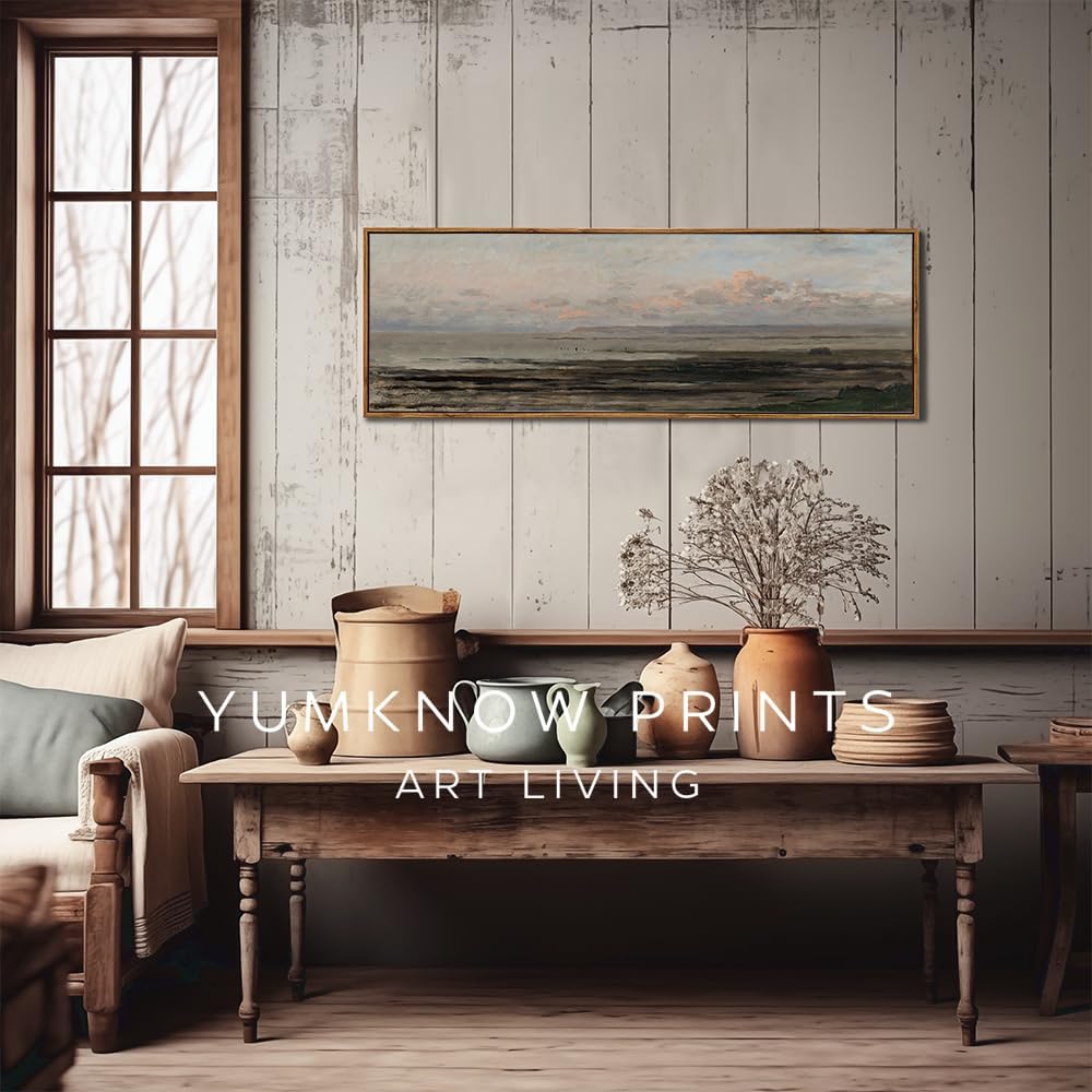 Framed Canvas Wall Art for Bedroom - Long Horizontal 13.5x40" Above the Bed - Vintage Farmhouse French Country - Muted Neutral Abstract Coastal Ocean Boat Moody Seascape - Master Guest Room Decor