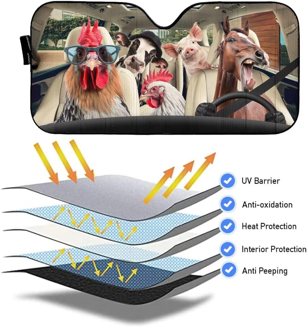 Funny Farm Animal Auto Windshield Sun Shade Front Window Sunshade, Horse Driver Car Foldable Sun Visor Protector, Chicken Pig Cow Sunshade for Car Truck SUV to Keep Your Vehicle Cool