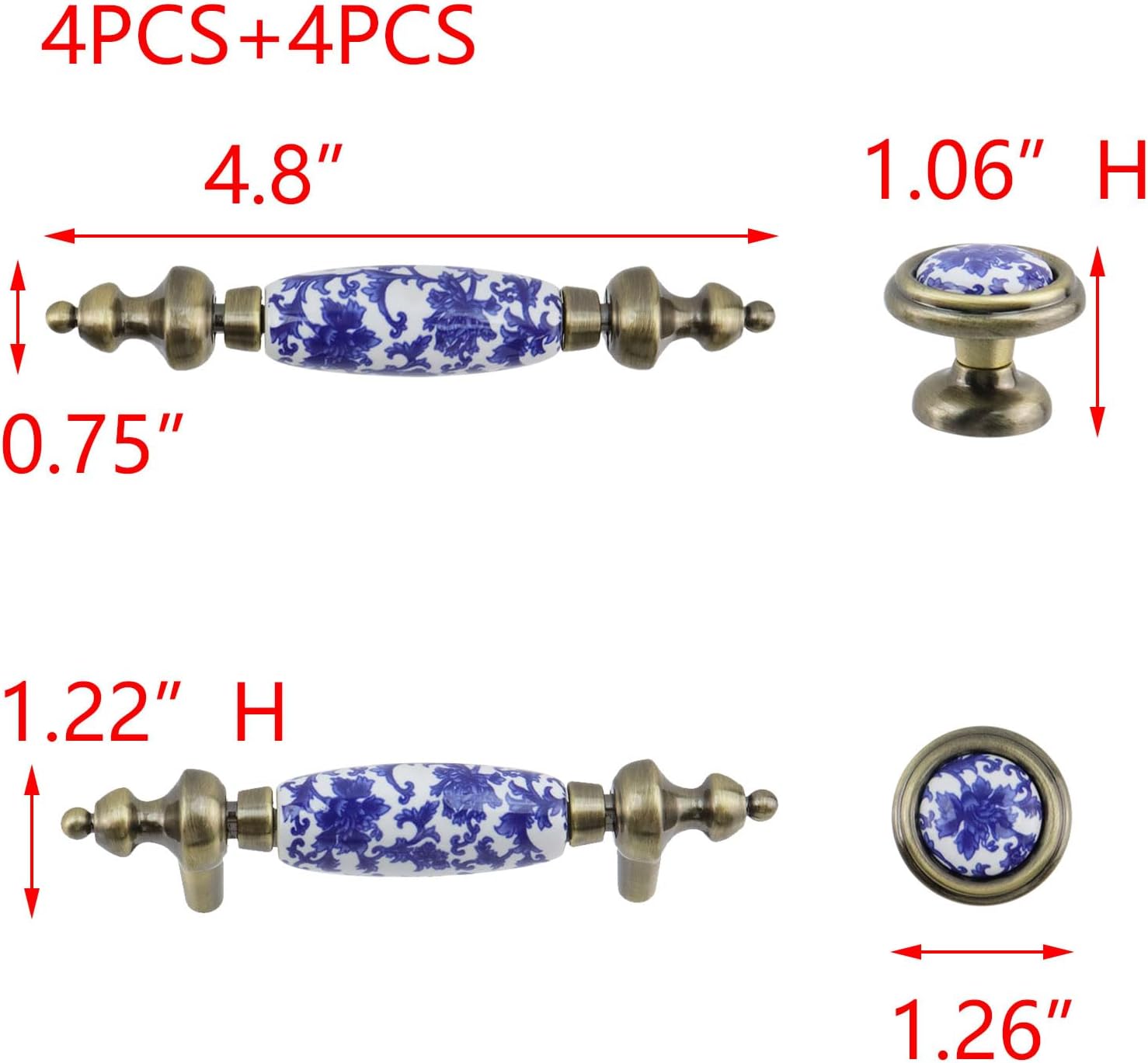 T Tulead Ceramic Drawer Knobs 1.26"×1.06", Cabinet Handle Pulls 3" Hole Centers, Blue and White Porcelain Pulls Handles Knobs Sets, Zinc Alloy Base, 4 Sets with Screws