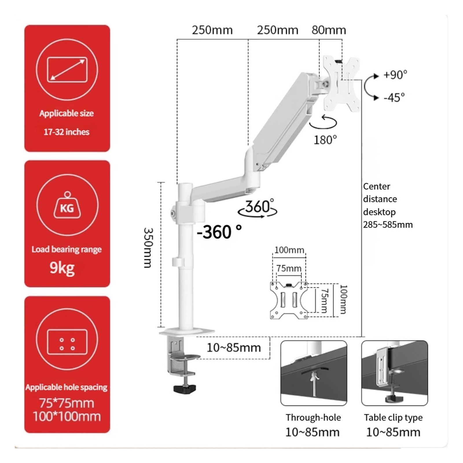 braccio per monitor, Supporto for monitor singolo, 32 pollici, 19,8 libbre(H1W)