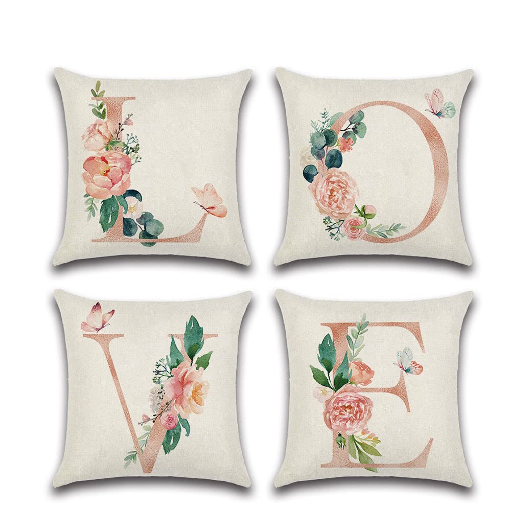 Housses de coussin en lin au tissage noble et imprimé floral raffiné de 45 x 45 cm
