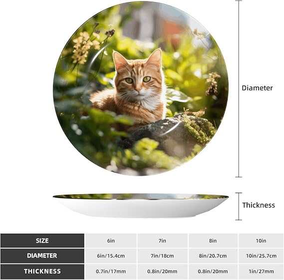 PHAYAH Cat in The Garden Pattern Bone China Decorative Plate 8in with Display Stand Dinner Plates for Home Study and Entryway Office Decor
