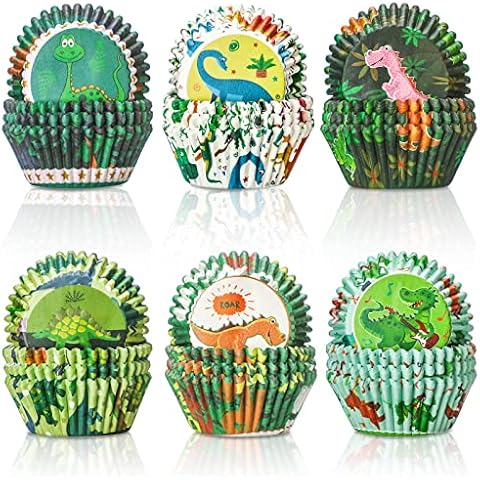 600 Pcs Dinosaur Cupcake Wrappers Muffin Liners Paper Baking Cups Mini Dinosaur Cupcake Holders Dinosaur Baking Cups Cupcake Liners for Baby Shower Wedding Birthday Supplies, 6 Styles Cover