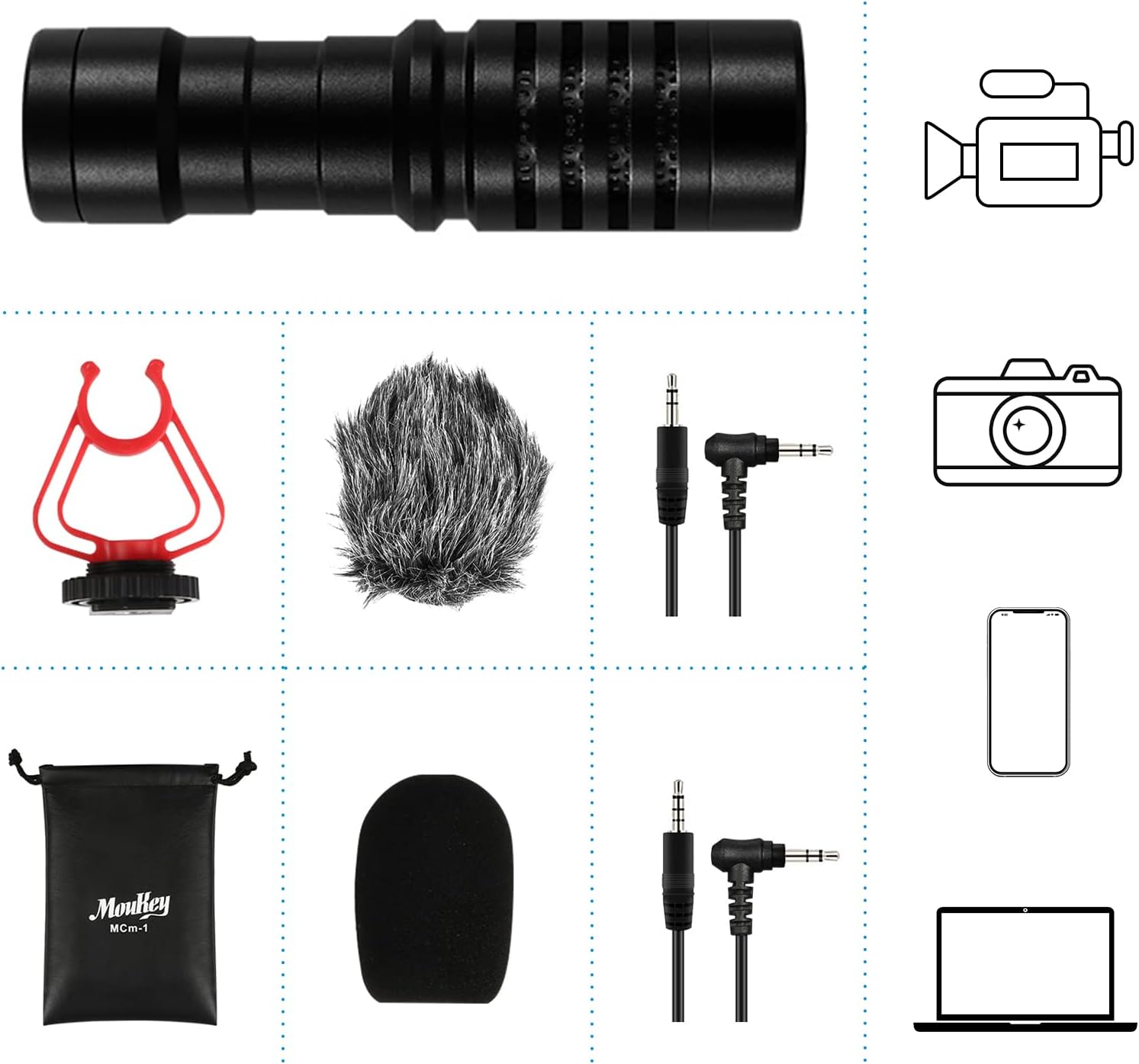Moukey MCM-1 Video Microphone, Camera Microphone with Shock Mount, Windshield, Professional Vlogging Kit for iPhone, Android Smartphone, DSLR Camera & Camcorder, Battery-Free Shotgun Mic : Electronics